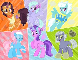 Size: 2124x1660 | Tagged: safe, artist:razorbladetheunicron, derpibooru import, amethyst star, fleetfoot, flitter, limestone pie, lotus blossom, saffron masala, earth pony, pegasus, pony, unicorn, lateverse, aura, bandana, base used, bow, clothes, cloud, cutie mark, ear piercing, earring, earth pony magic, flower, group, headband, headpiece, jacket, jewelry, magic, outline, piercing, rock, shirt, spa pony, sparkles, spiral, unicorn magic, wonderbolts