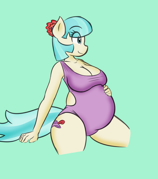 Size: 1311x1488 | Tagged: suggestive, artist:funble, artist:pacificside18, derpibooru import, coco pommel, anthro, earth pony, belly, big belly, breasts, cleavage, clothes, coco preggo, colored, cutie mark, female, flower, flower in hair, green background, one-piece swimsuit, pregnant, shading, simple background, solo, solo female, swimsuit