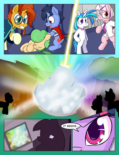 Size: 992x1283 | Tagged: artist:zanezandell, beam, bipedal, cape, clothes, cmcnext, colt, comic, comic:cmcnext, crystal, derpibooru import, evil genius twilight, eye, female, filly, glasses, it begins, magical lesbian spawn, male, necktie, oc, oc:kid prodigy, oc:truffle mint, oc:vanilla snow, offspring, parent:bon bon, parent:lyra heartstrings, parent:oc:bright idea (cmcn), parent:oc:prodigious intellect, parent:princess cadance, parent:shining armor, parents:lyrabon, parents:shiningcadance, safe, scientific gay spawn, screen, shirt, stone, striped shirt, sunburst, sweat, twilight sparkle, unconscious