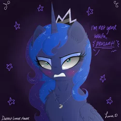 Size: 3500x3500 | Tagged: safe, artist:darkest-lunar-flower, derpibooru import, princess luna, alicorn, pony, annoyed, blushing, chest fluff, crown, dialogue, female, jewelry, looking at you, luna is not amused, mare, necklace, open mouth, regalia, signature, solo, unamused