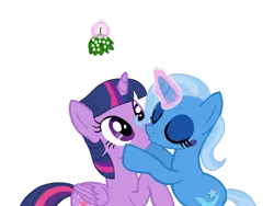 Size: 1024x768 | Tagged: safe, artist:turnaboutart, derpibooru import, trixie, twilight sparkle, twilight sparkle (alicorn), alicorn, unicorn, base used, eyes closed, eyeshadow, female, kissing, lesbian, magic, makeup, mistletoe, shipping, simple background, transparent background, twixie