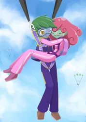 Size: 800x1125 | Tagged: safe, artist:howxu, derpibooru import, oc, oc:software patch, oc:windcatcher, unofficial characters only, equestria girls, bridal carry, clothes, equestria girls-ified, falling, goggles, hug, jumpsuit, one eye closed, parachute, sky, skydiving, windpatch