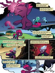 Size: 768x1024 | Tagged: safe, artist:andypriceart, derpibooru import, idw, fizzlepop berrytwist, glitter drops, spring rain, storm king, tempest shadow, pony, unicorn, my little pony: the movie, spoiler:comic, spoiler:comic68, broken horn, cloak, clothes, comic, eye scar, female, filly, foal, mare, misfortune malachite, official comic, preview, scar, speech bubble, you know for kids