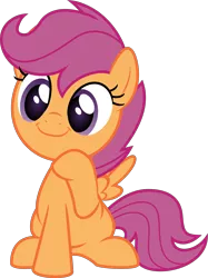 Size: 3744x5000 | Tagged: safe, artist:salemcat, derpibooru import, edit, scootaloo, pegasus, pony, cute, cutealoo, female, filly, raised hoof, show accurate, simple background, sitting, smiling, solo, spread wings, suggestive source, transparent background, wings