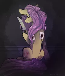 Size: 3600x4200 | Tagged: grimdark, artist:skylacuna, derpibooru import, fluttershy, pegasus, pony, alternate universe, amputation, blood, bloodshot eyes, crying, de-winged, evil grin, female, grin, knife, looking at you, looking back, looking back at you, looking over shoulder, psychosis, reflection, self harm, sitting, smiling, solo, wing amputee, wingless