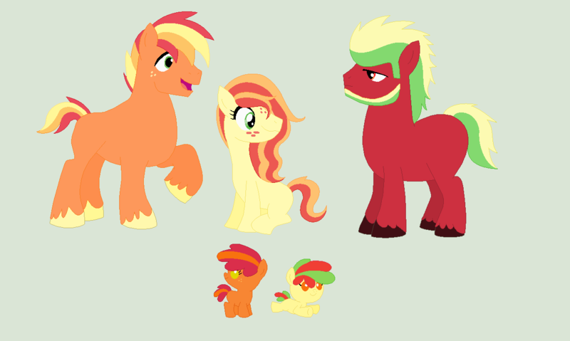 Size: 1296x776 | Tagged: safe, artist:insanity-w0lf, derpibooru import, oc, oc:ambrosia clove, oc:apple frond, oc:cameo crunch, oc:cortland core, oc:winesap snap, unofficial characters only, earth pony, pony, beard, colt, facial hair, female, filly, freckles, green background, male, mare, offspring, parent:applejack, parent:big macintosh, parents:applemac, product of incest, simple background, stallion, unshorn fetlocks