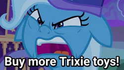 Size: 1280x720 | Tagged: safe, derpibooru import, edit, edited screencap, screencap, trixie, pony, unicorn, to where and back again, angry, annoyed, buy our toys, close-up, faic, female, floppy ears, frown, glare, grumpy, image macro, mare, meme, open mouth, solo, talking to viewer, text, trixie yells at everything, trixie's wagon, uvula