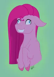 Size: 1621x2305 | Tagged: safe, artist:ratrieve, derpibooru import, pinkie pie, earth pony, pony, party of one, contemplating insanity, faic, floppy ears, half, pinkamena diane pie, simple background, smiling, solo, straight hair