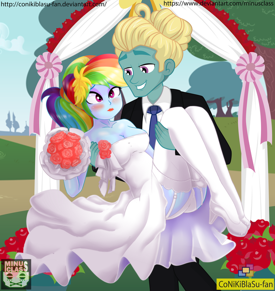 Size: 4501x4748 | Tagged: suggestive, artist:conikiblasu-fan, artist:minusclass, derpibooru import, rainbow dash, zephyr breeze, equestria girls, absurd resolution, ass, blushing, bouquet, breasts, bridal carry, butt, cleavage, clothes, cloud, cursed image, dress, eyeshadow, female, flower, garter belt, grass, high heels, lipstick, makeup, male, panties, rainbutt dash, shipping, shoes, sky, smiling, stockings, straight, suit, thigh highs, tree, underwear, wedding dress, white underwear, zephdash