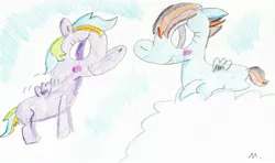 Size: 2774x1643 | Tagged: safe, artist:ptitemouette, derpibooru import, oc, oc:quick silver, oc:speed flash, pegasus, pony, blushing, female, filly, lesbian, next generation, oc x oc, offspring, offspring shipping, parent:dumbbell, parent:firefly, parent:lightning dust, parent:rainbow dash, parents:dashfly, parents:lightningbell, shipping, traditional art