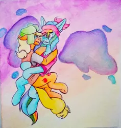 Size: 2257x2383 | Tagged: safe, artist:paula-li, derpibooru import, applejack, rainbow dash, abrafraxe, appledash, aquarell, bottomless, clothes, cosplay, costume, duo, female, flying, hug, kyle broflovski, lapis lazuli (steven universe), lesbian, partial nudity, peridot (steven universe), purple sky, shipping, south park, stan marsh, steven universe, style (south park)