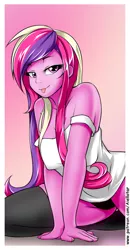 Size: 420x810 | Tagged: suggestive, artist:iloota, derpibooru import, princess cadance, equestria girls, bedroom eyes, black underwear, braless, breasts, clothes, dean cadance, erect nipples, female, kneeling, looking at you, nipple outline, panties, smiling, solo, solo female, stockings, tanktop, thigh highs, tongue out, underwear