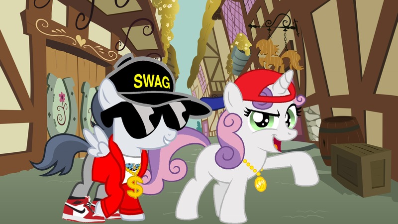 Size: 2730x1536 | Tagged: safe, artist:jawsandgumballfan24, derpibooru import, rumble, sweetie belle, pegasus, pony, unicorn, air jordans, baseball cap, bling, cap, clothes, colt, female, filly, gold chain, hat, horn, jacket, jordans, male, pants, rapper, rumbelle, shipping, shirt, straight, sunglasses, swag, wings