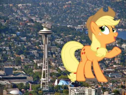 Size: 1024x768 | Tagged: safe, artist:jerryakira79, derpibooru import, applejack, earth pony, pony, female, giant pony, highrise ponies, irl, macro, photo, raised hoof