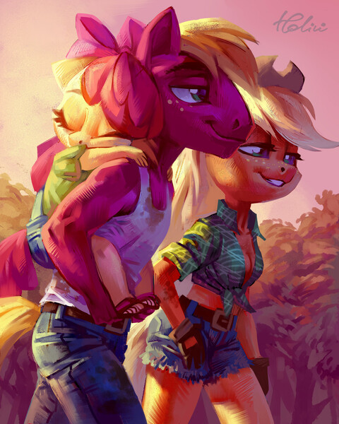 Size: 2204x2755 | Tagged: safe, artist:holivi, derpibooru import, apple bloom, applejack, big macintosh, anthro, earth pony, plantigrade anthro, big head, bow, breasts, carrying, cleavage, clothes, cowboy hat, daisy dukes, eyes closed, feet, female, freckles, gloves, hat, image, jeans, jpeg, male, pants, sandals, scenery, shorts, siblings, sleeping, stetson, sunset, tanktop, walking