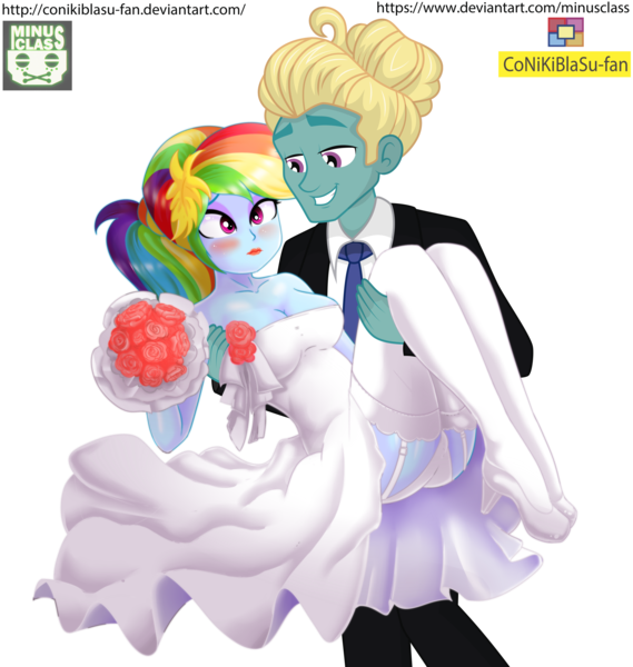 Size: 4501x4748 | Tagged: suggestive, artist:conikiblasu-fan, artist:minusclass, derpibooru import, rainbow dash, zephyr breeze, equestria girls, absurd resolution, assisted exposure, blushing, bouquet, breasts, bridal carry, cleavage, clothes, dress, eyeshadow, female, flower, garter belt, high heels, lipstick, makeup, male, panties, shipping, shoes, simple background, smiling, socks, stockings, straight, suit, thigh highs, transparent background, tree, underwear, wedding dress, white underwear, zephdash