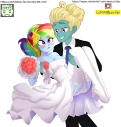 Size: 4501x4748 | Tagged: suggestive, artist:conikiblasu-fan, artist:minusclass, derpibooru import, rainbow dash, zephyr breeze, equestria girls, absurd resolution, assisted exposure, blushing, bouquet, breasts, bridal carry, cleavage, clothes, dress, eyeshadow, female, flower, garter belt, high heels, lipstick, makeup, male, panties, shipping, shoes, simple background, smiling, socks, stockings, straight, suit, thigh highs, transparent background, tree, underwear, wedding dress, white underwear, zephdash