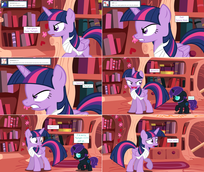 Size: 2564x2168 | Tagged: safe, artist:hakunohamikage, derpibooru import, twilight sparkle, twilight sparkle (alicorn), oc, oc:nyx, alicorn, pony, ask-princesssparkle, alicorn oc, angry, ask, bandage, female, filly, golden oaks library, high res, mare, tumblr