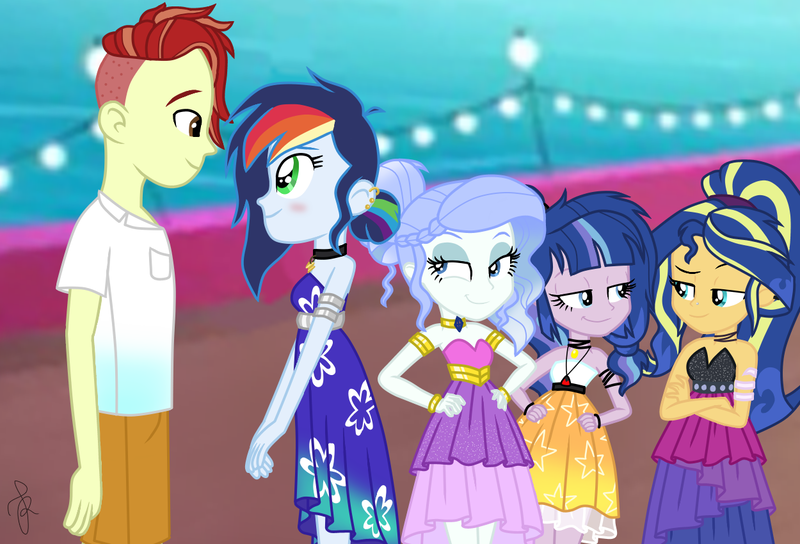 Size: 1250x850 | Tagged: safe, artist:ilaria122, derpibooru import, oc, oc:firestorm, oc:sapphire blue, oc:shining swirls, oc:sky, oc:velvet star, equestria girls, bedroom eyes, belt, blushing, braid, choker, clothes, crossed arms, cruise, cruise ship, dress, ear piercing, equestria girls-ified, hand on hip, holding hands, jewelry, love at first sight, necklace, next generation, nose piercing, offspring, parent:fancypants, parent:flash sentry, parent:rainbow dash, parent:rarity, parent:soarin', parent:sunset shimmer, parent:twilight sparkle, parents:flashimmer, parents:flashlight, parents:raripants, parents:soarindash, party dress, piercing, ponytail, shirt, simple background, smiling, smirk