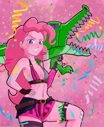 Size: 900x1098 | Tagged: suggestive, alternate version, artist:tittoons, derpibooru import, gummy, pinkie pie, equestria girls, ammunition, belly button, belt, breasts, cleavage, clothes, confetti, cosplay, costume, crossover, ear piercing, earring, female, fishbones, hot pants, jewelry, jinx (league of legends), league of legends, looking at you, party bazooka, piercing, solo, solo female, streamers, watermark, weapon