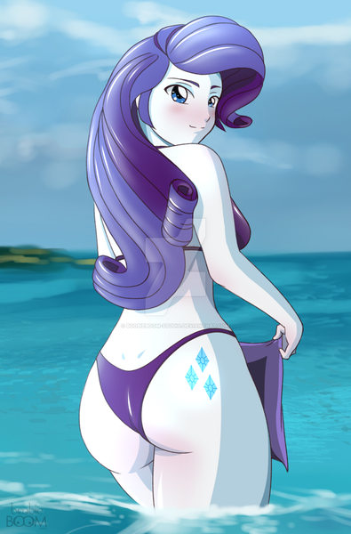 Size: 900x1366 | Tagged: suggestive, artist:tittoons, derpibooru import, rarity, equestria girls, ass, beach babe, bikini, bikini babe, blushing, bra, breasts, butt, clothes, female, looking at you, looking back, looking back at you, ocean, panties, purple swimsuit, raripanty, rear view, rearity, sexy, solo, solo female, stupid sexy rarity, swimsuit, thighs, thong swimsuit, underwear, water, watermark, wedgie, wide hips