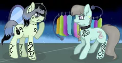 Size: 619x323 | Tagged: safe, artist:colordroplovelyart, derpibooru import, oc, oc:southern ballroom, oc:southern gothic, earth pony, pony, icey-verse, clothes, clothes hanger, clothes line, clothes rack, duo, dyed mane, ear piercing, earring, face tattoo, female, hair dye, jewelry, lip piercing, magical lesbian spawn, mare, mirror, next generation, offspring, parent:beauty brass, parent:fiddlesticks, parents:fiddlebrass, piercing, shopping, sisters, snake bites, solo, tattoo
