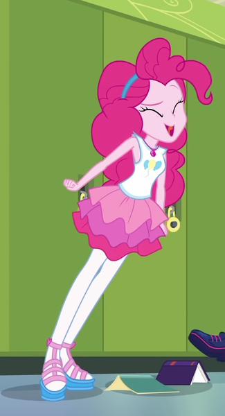 Size: 551x1016 | Tagged: safe, derpibooru import, screencap, pinkie pie, sci-twi, twilight sparkle, equestria girls, equestria girls series, stressed in show, stressed in show: pinkie pie, clothes, cropped, female, geode of sugar bombs, offscreen character, pantyhose, pinkie being pinkie, pinkie physics, sandals, shoes, skirt, yay, yelling