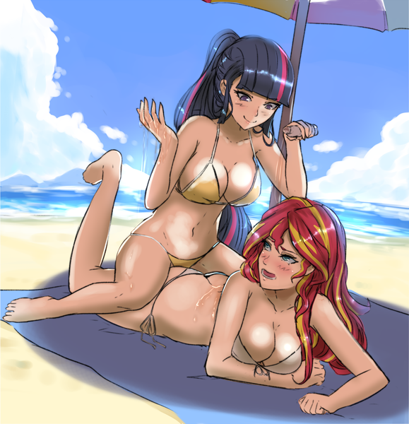 Size: 1448x1500 | Tagged: suggestive, artist:saggitary, derpibooru import, sunset shimmer, twilight sparkle, human, equestria girls, ass, beach, bikini, blushing, breasts, busty sunset shimmer, busty twilight sparkle, buttcrack, clothes, cloud, female, humanized, lesbian, lotion, scenery, shipping, sunsetsparkle, swimsuit, towel, unamused, water