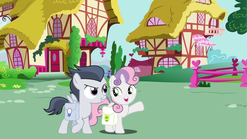 Size: 2106x1182 | Tagged: safe, artist:jawsandgumballfan24, derpibooru import, rumble, sweetie belle, pegasus, pony, unicorn, backpack, colt, cute, female, filly, foal, happy, horn, looking at each other, male, open mouth, rumbelle, shipping, smiling, straight, wings