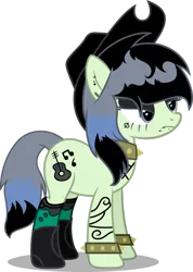 Size: 753x1060 | Tagged: safe, artist:dashiesparkle, derpibooru import, oc, oc:southern gothic, unofficial characters only, earth pony, pony, icey-verse, boots, choker, clothes, cowboy boots, cowboy hat, dyed mane, ear piercing, earring, eyeshadow, face tattoo, female, hat, jewelry, lip piercing, magical lesbian spawn, makeup, mare, next generation, offspring, parent:beauty brass, parent:fiddlesticks, parents:fiddlebrass, piercing, shoes, simple background, socks, solo, spiked choker, spiked wristband, tattoo, transparent background, unamused, vector, wristband