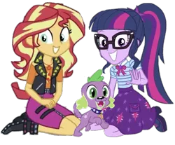 Size: 1029x851 | Tagged: safe, artist:superbobiann, derpibooru import, editor:superbobiann, sci-twi, spike, spike the regular dog, sunset shimmer, twilight sparkle, dog, equestria girls, equestria girls series, boots, clothes, female, geode of empathy, geode of telekinesis, glasses, jacket, paws, ponytail, puppy, shoes, simple background, smiling, transparent background