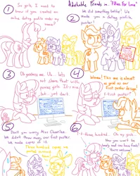 Size: 1280x1611 | Tagged: safe, artist:adorkabletwilightandfriends, derpibooru import, apple bloom, cheerilee, scootaloo, sweetie belle, earth pony, pegasus, pony, unicorn, comic:adorkable twilight and friends, adorkable friends, apple bloom's bow, bow, comic, computer, cutie mark crusaders, dating, dating profile, female, filly, funny, hair bow, humor, lineart, love, nervous, plot, poster, romance, scared, shipper on deck