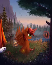 Size: 2615x3238 | Tagged: safe, derpibooru import, oc, oc:rayven, unofficial characters only, alicorn, pony, alicorn oc, campfire, forest, lake, male, mountain, narcissism, scenery, selfie, solo, tent, tree