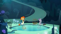 Size: 1366x768 | Tagged: cave, cave pool, derpibooru import, maud pie, mirror pool, pebbles, safe, scales, screencap, sunburst, this will not end well, uncommon bond