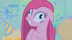 Size: 1364x768 | Tagged: safe, derpibooru import, screencap, pinkie pie, party of one, contemplating insanity, derp, happy, pinkamena diane pie, smiling, solo