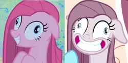 Size: 1388x682 | Tagged: art evolution, comparison, contemplating insanity, derp, derpibooru import, edit, edited screencap, faic, grin, happiness, nightmare fuel, party of one, pinkamena diane pie, pinkie pie, safe, screencap, smiling, yakity-sax