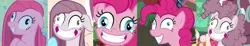 Size: 3672x676 | Tagged: comparison, contemplating insanity, derp, derpibooru import, edit, edited screencap, faic, grin, happiness, happy, party of one, pinkamena diane pie, pinkie pie, ppov, progression, safe, screencap, smiling, yakity-sax