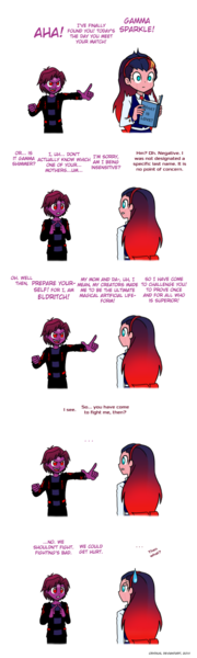 Size: 612x2045 | Tagged: safe, artist:crydius, derpibooru import, oc, oc:crydius, oc:eldritch, oc:gamma, unofficial characters only, android, equestria girls, barely pony related, book, catch 22, challenge, clenched fist, clothes, crydiusshadow, cuff, destiny, determined, dialogue, drop, eldgamma, equestria is doomed, female, first contact, first impression, gradient hair, headband, jacket, leather jacket, leather pants, magical hetero spawn, magical lesbian spawn, male, meme, necktie, oc vs oc, oc x oc, offspring, otp, pants, parent:oc:crydius, parent:sci-twi, parent:sunset shimmer, parent:tempest shadow, parent:twilight sparkle, parents:canon x oc, parents:crydiusshadow, parents:scitwishimmer, parents:sunsetsparkle, pointing, question, reading, rear view, school uniform, scientific lesbian spawn, seriously, shipping, shirt, shit just got real, simple background, skirt, speech bubble, startled, sweatdrop, sweater, symbol, talking, text, transparent background, unsure, vest, wall of tags, what is love, what now, xk-class end-of-the-world scenario, yelling