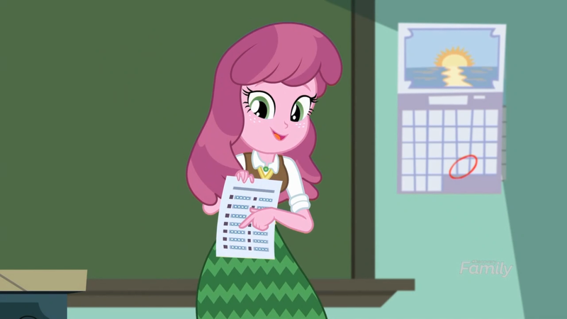 Size: 1366x768 | Tagged: safe, derpibooru import, cheerilee, equestria girls, equestria girls series, the finals countdown, calendar, smiling, solo, sun