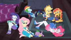 Size: 1366x768 | Tagged: safe, derpibooru import, screencap, applejack, fluttershy, pinkie pie, rainbow dash, rarity, spike, spike the regular dog, sunset shimmer, dog, equestria girls, equestria girls series, the finals countdown, balloon, converse, female, geode of empathy, geode of fauna, geode of sugar bombs, geode of super speed, geode of super strength, humane five, magical geodes, male, paws, shoes, tug of war