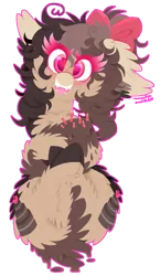 Size: 625x1080 | Tagged: safe, artist:vanillaswirl6, derpibooru import, oc, oc:choco cake delight, unofficial characters only, cake pony, earth pony, pony, bow, chest fluff, colored hooves, colored muzzle, colored pupils, commission, cute, dripping, ear fluff, floppy ears, freckles, hair bow, looking at you, on back, open mouth, signature, simple background, solo, sparkles, tail hold, transparent background
