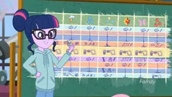 Size: 1366x768 | Tagged: safe, derpibooru import, sci-twi, twilight sparkle, equestria girls, equestria girls series, the finals countdown, glasses, schedule, smiling, solo