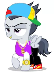 Size: 5210x6969 | Tagged: safe, artist:jawsandgumballfan24, derpibooru import, edit, rumble, pegasus, pony, absurd resolution, baseball cap, bling, cap, clothes, colt, cute, gangsta, gold chain, grills, hat, male, pants, rolex watch, shirt, shoes, simple background, smug, sneakers, solo, t-shirt, tanktop, watch, white background, wings