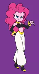 Size: 1700x3200 | Tagged: safe, artist:khuzang, derpibooru import, pinkie pie, android, genie, equestria girls, >:), android 21, belly button, belt, bracelet, clothes, cosplay, costume, djinn, dragon ball fighterz, evil grin, jewelry, majin, majin android 21, midriff, necklace, pants, purple background, shoes, simple background, smiling, smirk, solo