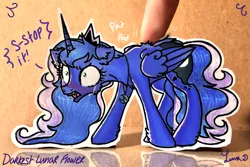 Size: 1123x749 | Tagged: safe, artist:darkest-lunar-flower, derpibooru import, princess luna, alicorn, human, pony, adorable distress, back fluff, blushing, cheek fluff, crying, cute, ear fluff, embarrassed, fangs, female, finger, frown, hand, hoof fluff, irl, jewelry, mare, necklace, onomatopoeia, open mouth, paper child, petting, photo, reflection, scratching, solo focus, stuttering, tsundere, unshorn fetlocks, wide eyes, wing fluff