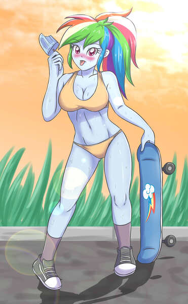 Size: 2598x4200 | Tagged: suggestive, artist:sumin6301, derpibooru import, rainbow dash, equestria girls, blushing, bra, breasts, busty rainbow dash, cleavage, clothes, converse, dessert, female, food, ice cream, panties, shoes, skateboard, sneakers, socks, solo, tongue out, underwear, yellow underwear