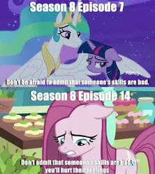 Size: 1920x2160 | Tagged: alicorn, contradiction, derpibooru import, edit, edited screencap, horse play, moral, op is wrong, pinkamena diane pie, pinkie pie, princess celestia, safe, screencap, twilight sparkle, twilight sparkle (alicorn), yakity-sax