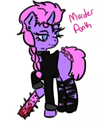 Size: 412x487 | Tagged: semi-grimdark, artist:dooradopt, derpibooru import, oc, oc:murder punk, unofficial characters only, pony, unicorn, baseball bat, blood, choker, clothes, ear piercing, earring, female, jacket, jewelry, leather jacket, mare, piercing, simple background, solo, stockings, thigh highs, torn clothes, tornado, white background