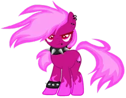 Size: 1012x790 | Tagged: safe, artist:cyberlesbian, derpibooru import, oc, oc:neon flicker, unofficial characters only, earth pony, pony, angry, annoyed, collar, ear piercing, earring, female, jewelry, lip piercing, looking at you, mare, piercing, punk, simple background, solo, spiked collar, spiked wristband, tattoo, transparent background, wristband