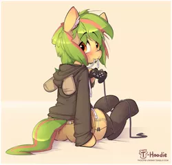 Size: 1693x1621 | Tagged: safe, artist:apony, derpibooru import, oc, oc:ardent arrow, unofficial characters only, semi-anthro, archer, biting, blushing, clothes, controller, femboy, gaming, hoodie, lace in mouth, male, pants, shorts, socks, solo